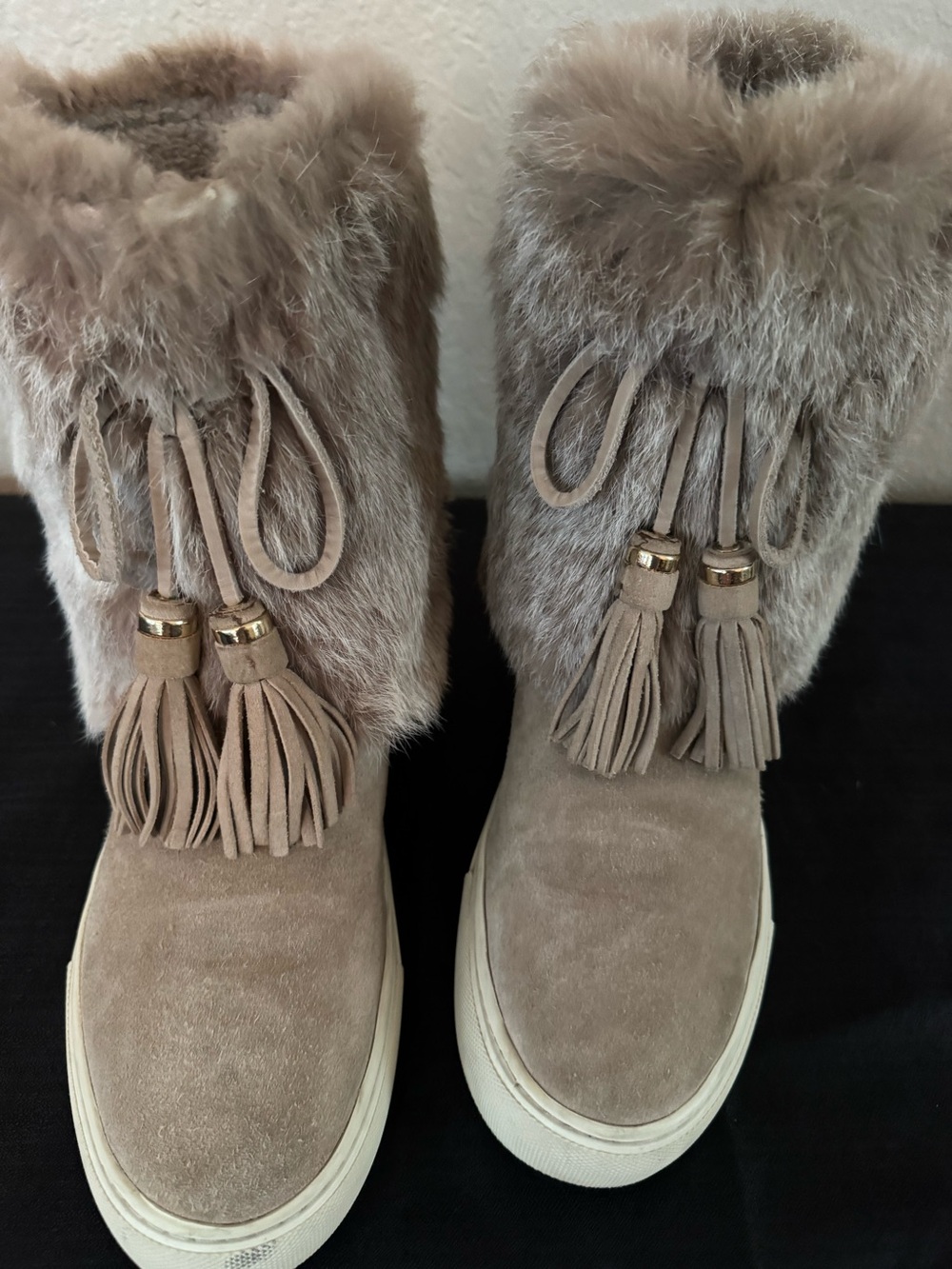 Tory Burch Taupe Faux Fur Tassel Ankle Booties